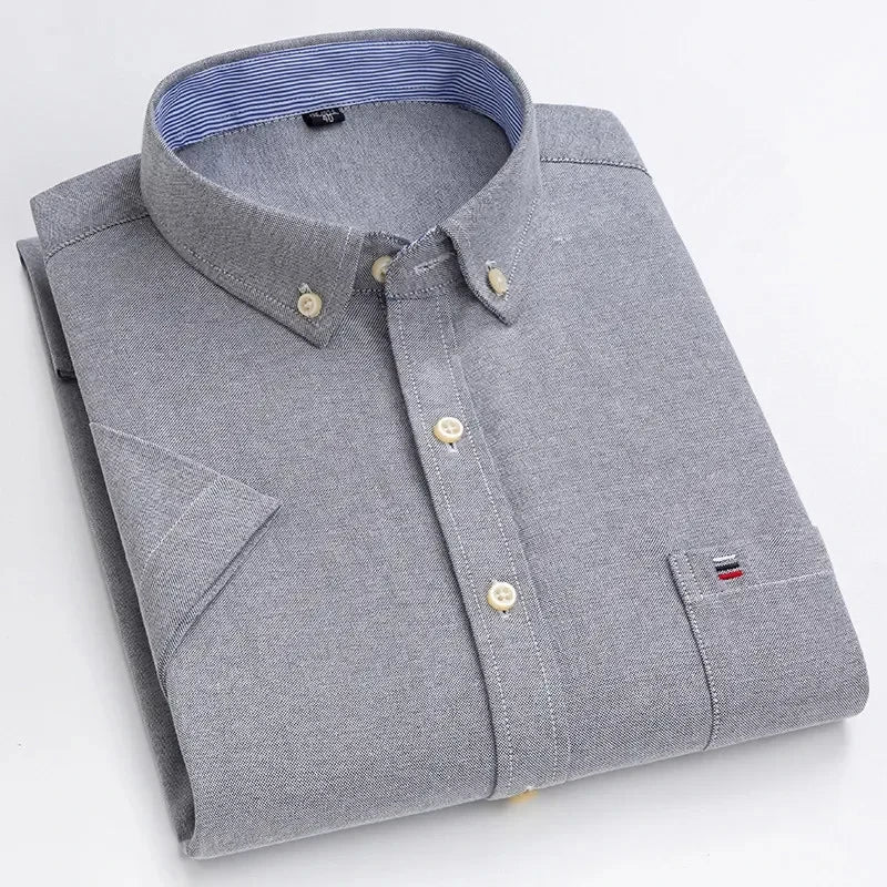Men's high-quality Oxford cotton short sleeved shirt for summer comfort breathable classic solid color plaid business leisure Quick Pick Grocers